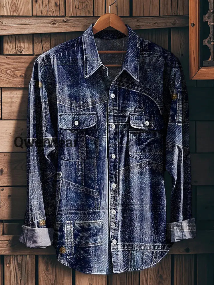Men’s Vintage Denim Patchwork Pattern Long Sleeve Workwear Pocket Shirt Colorful / S Mens shirts