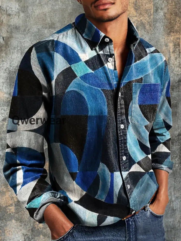 Men’s Vintage Geometric Line Art Print Long Sleeve Pocket Shirt Colorful / S