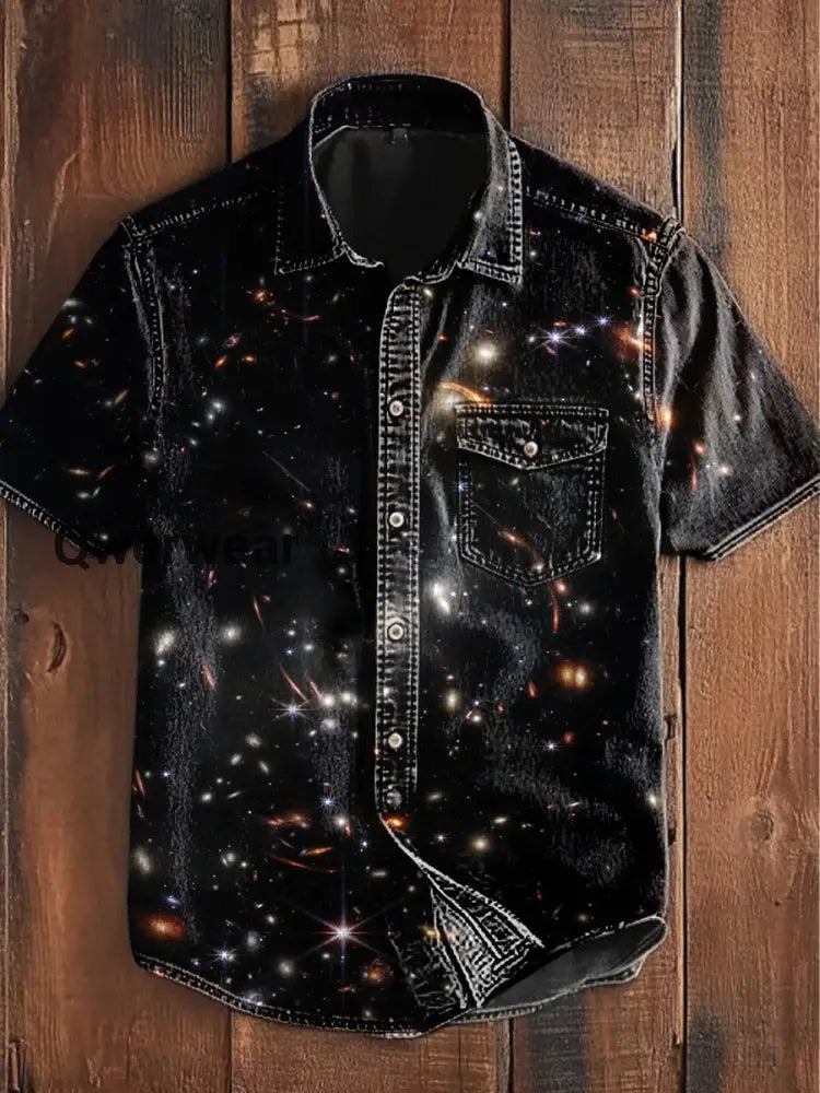 Unisex Men’s Vintage Gothic Party Highlight Sequins Abstract Print Casual Short Sleeve Pocket Shirt Black / S