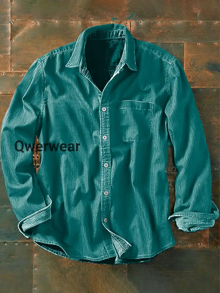 Unisex Men’s Vintage Green Cotton Linen Abstract Print Casual Long Sleeve Shirt Green / S Mens shirts