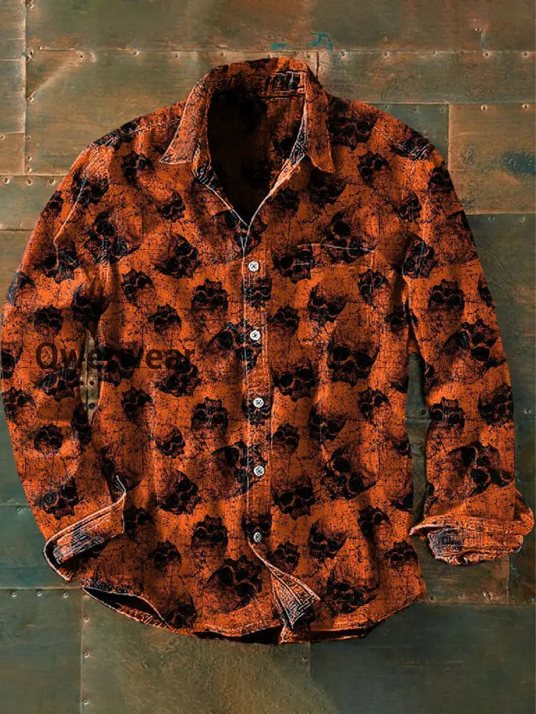 Unisex Men’s Vintage Hippie Dark Skulls Abstract Print Casual Long Sleeve Shirt Orange / S Mens shirts
