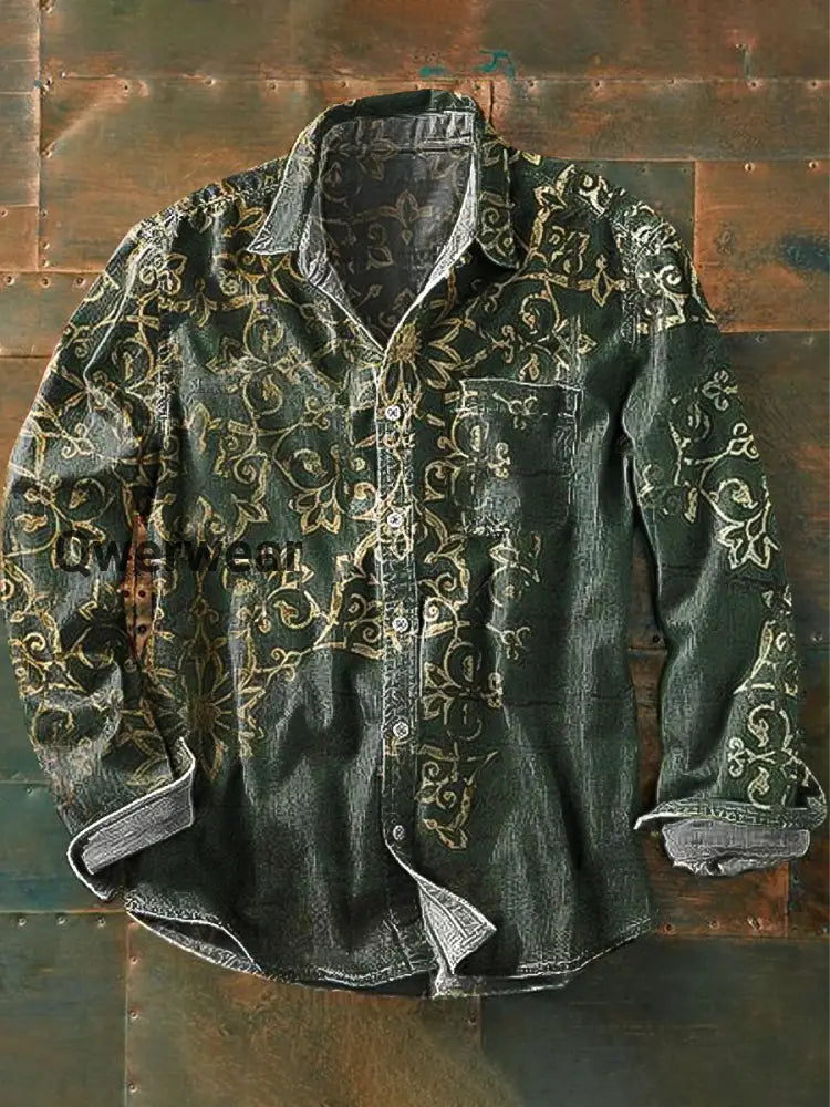 Men’s Vintage Irregular Floral Art Print Long Sleeve Pocket Shirt Colorful / S Mens shirts