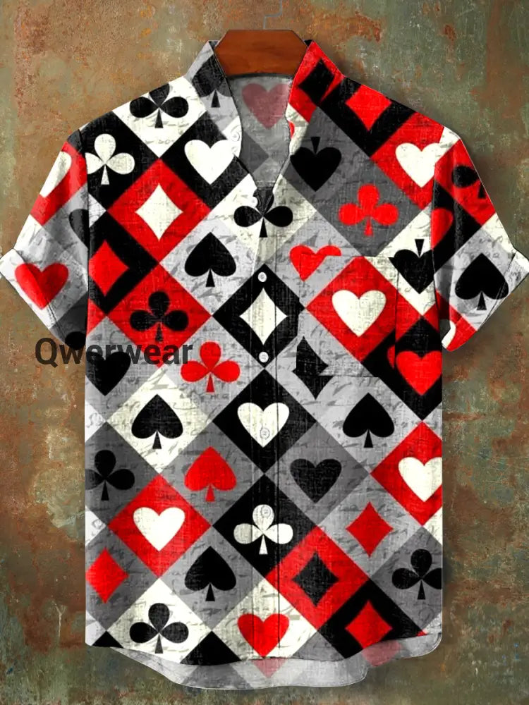 Men’s Vintage Poker Pattern Stand Collar Short Sleeve Pocket Shirt Colorful / S