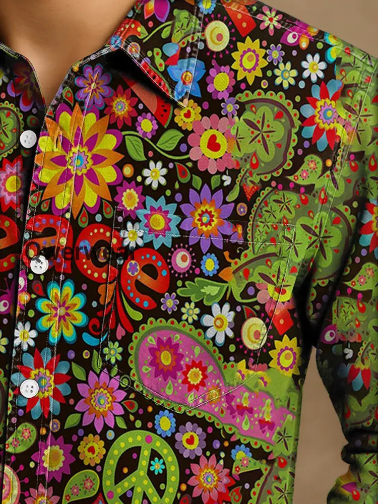 Men’s Vintage Psychedelic Hippie Colorful Peace Print Casual Long Sleeve Shirt Mens shirts