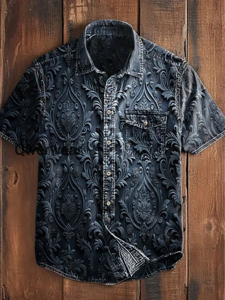 Unisex Men’s Vintage Punk Gothic Floral Abstract Print Casual Long Sleeve Shirt Short Sleeve / S Mens shirts