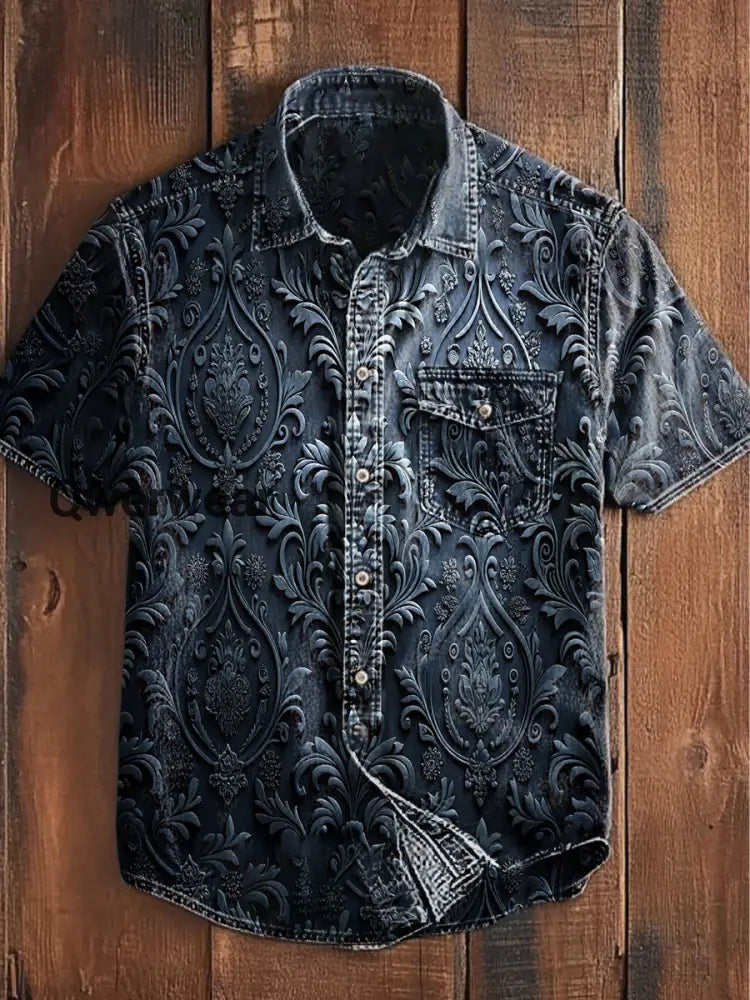 Unisex Men’s Vintage Punk Gothic Floral Gradient Art Abstract Print Casual Short Sleeve Pocket Shirt Blue / S