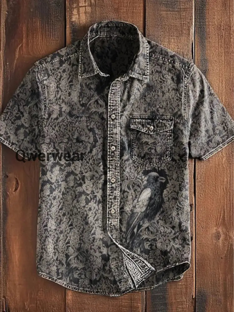 Unisex Men’s Vintage Punk Raven Feather Gothic Abstract Print Casual Short Sleeve Pocket Shirt As picture / S