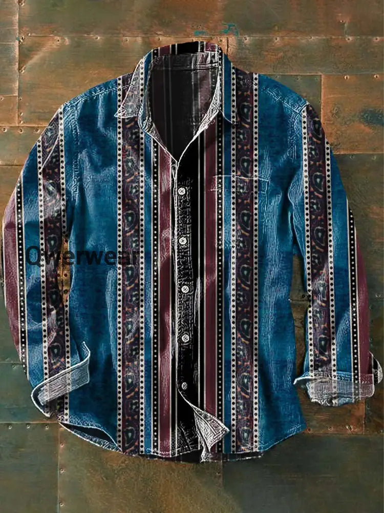 Men’s Vintage Striped Western Style Printed Casual Lapel Long Sleeve Shirt As picture / S Mens shirts