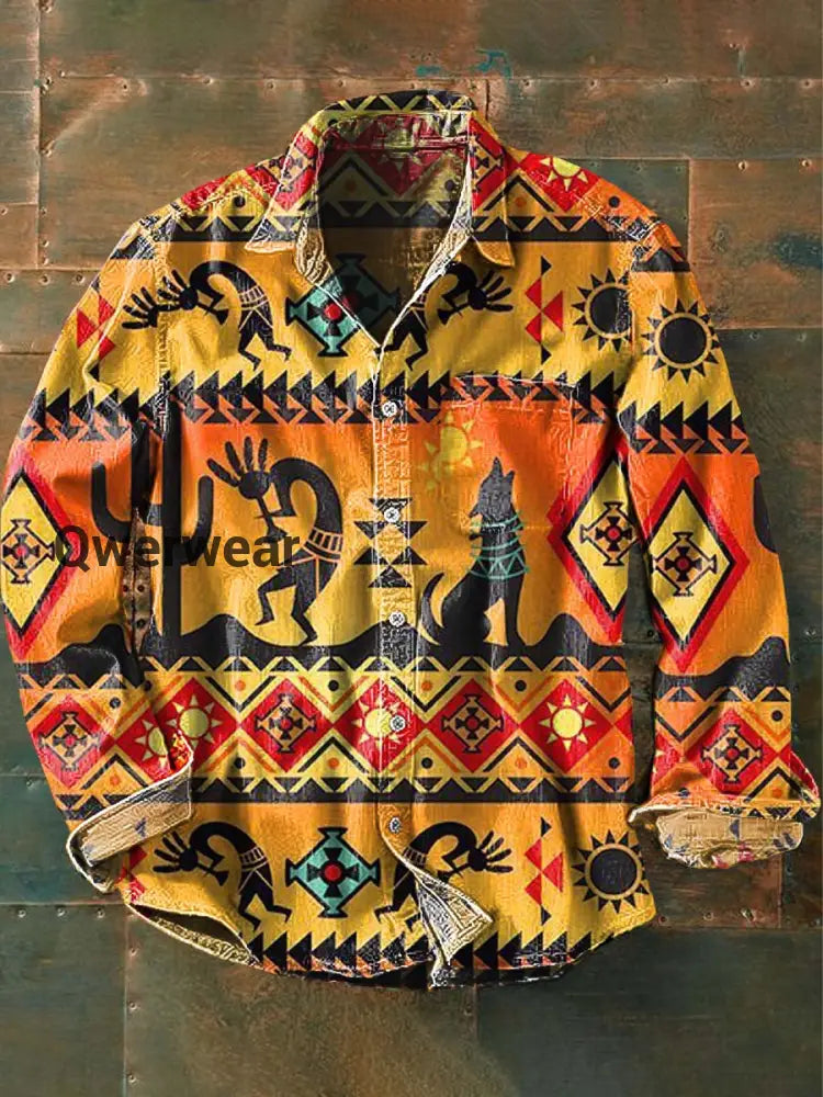 Men’s Vintage Tribal Ethnic Print Casual Lapel Long Sleeve Shirt As picture / S Mens shirts