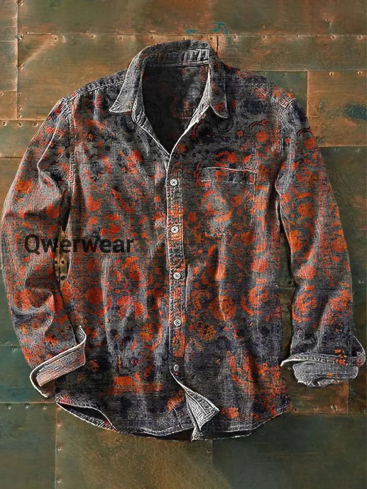 Men’s Vintage Tribal Ethnic Print Casual Lapel Long Sleeve Shirt As picture / S Mens shirts