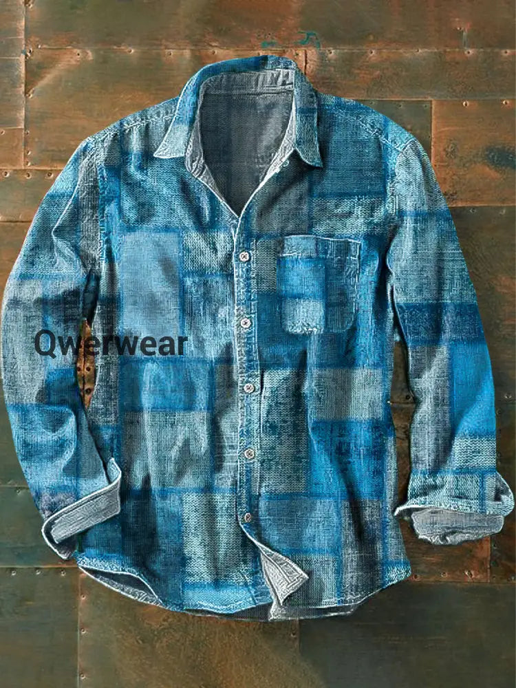 Men’s Vintage Trompe l’oeil Plaid Art Print Long Sleeve Pocket Shirt Colorful / S Mens shirts