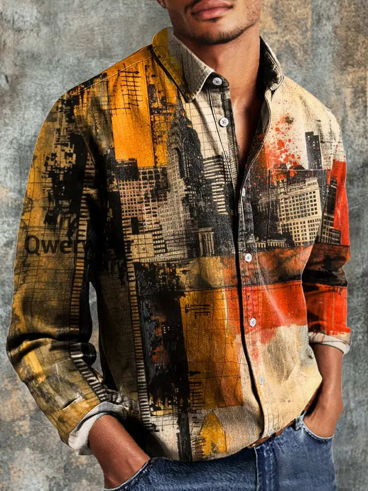 Men’s Vintage Urban Abstract Art Print Casual Long Sleeve Shirt Colorful / S