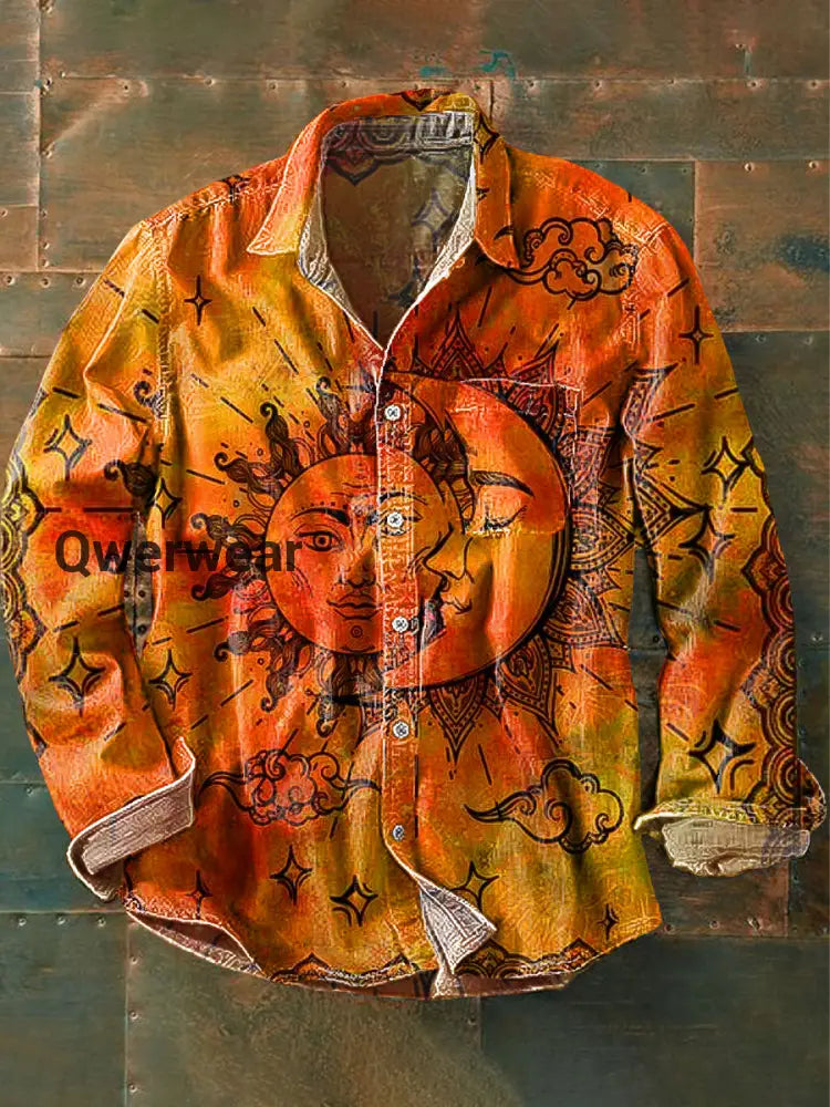Men’s Vintage Warm Sun & Moon Art Print Long Sleeve Pocket Shirt Colorful / S Mens shirts
