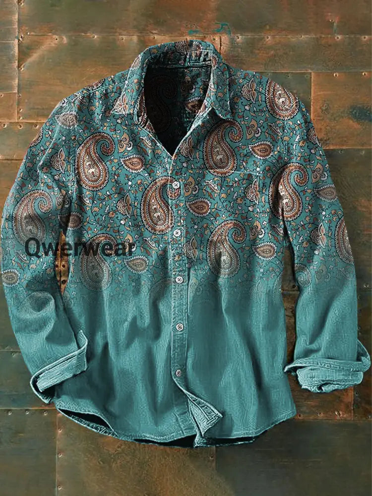 Unisex Men’s Vintage Western Ethnic Hippie Perris Gradient Abstract Print Casual Long Sleeve Shirt Blue / S Mens shirts