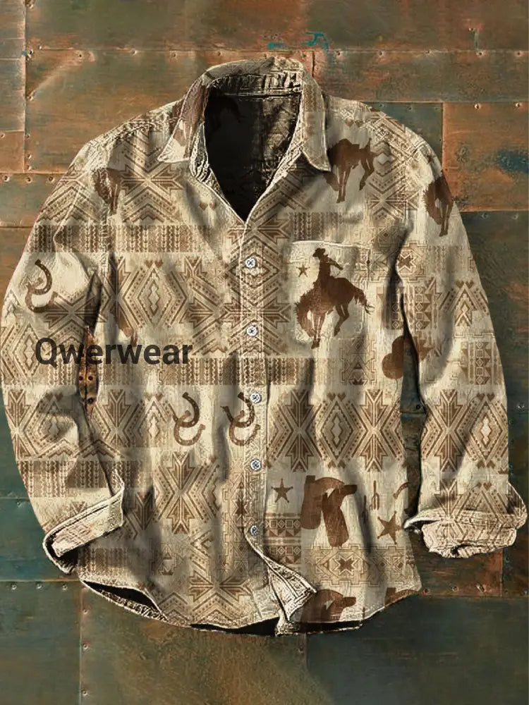 Unisex Men’s Vintage Western Horse Boots Brown Geometric Abstract Print Casual Long Sleeve Shirt Brown / S Mens shirts