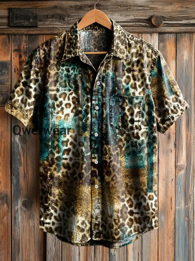 Men’s Vintage Western Leopard Abstract Pattern Short Sleeve Pocket Shirt Colorful / S
