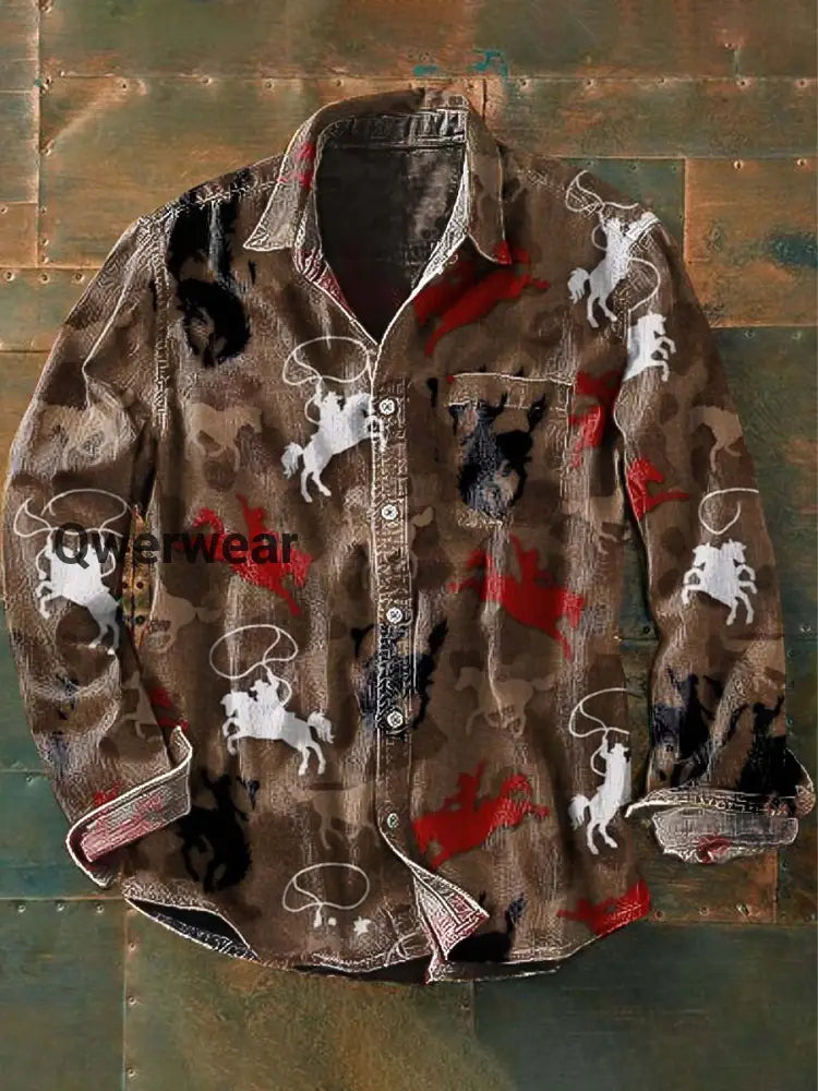 Men’s Western Horse Print Casual Lapel Long Sleeve Shirt As picture / S Mens shirts
