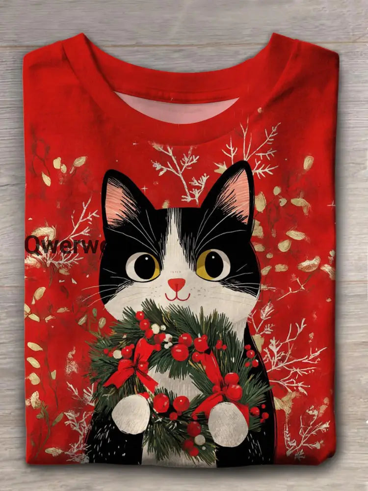 Merry Christmas Cat Crew Neck T-shirt Mixed Color / S Women\’s Tops