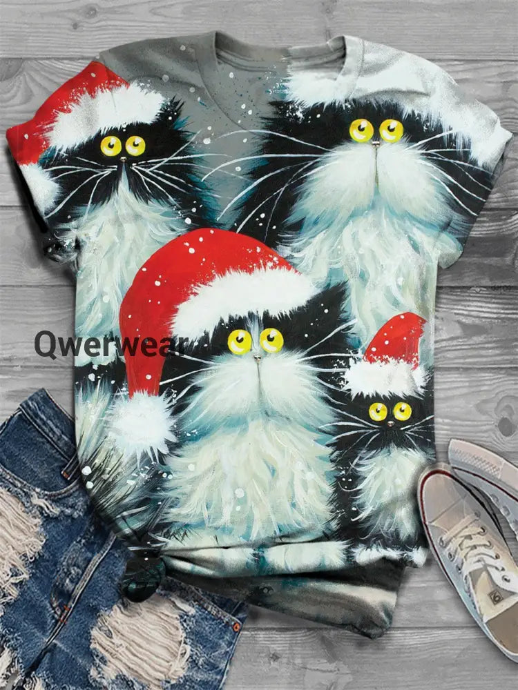 Merry Christmas Cat Print Crew Neck T-Shirt multicolor / S Women\’s Tops