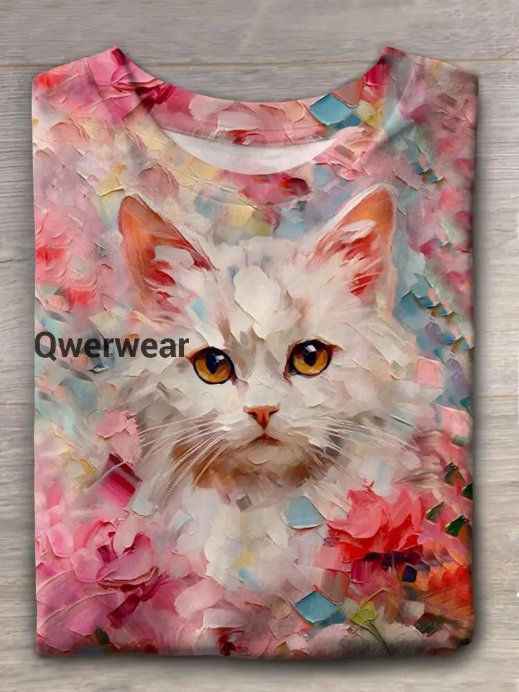 Pink Vintage Oil Painting Cat Print Crew Neck T-shirt Mixed Color / S Women\’s Tops