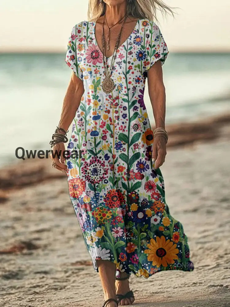 Printed V-Neck Elegant Chic Loose Long Sleeve Maxi Dress