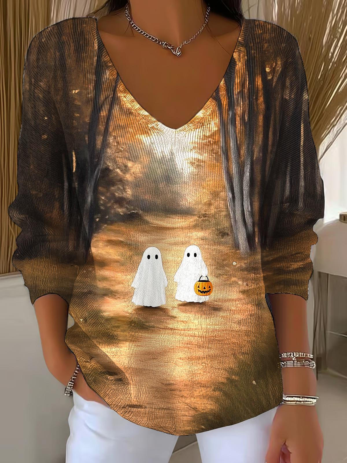 Halloween Ghost Forest Casual V Neck Pullover Sweater