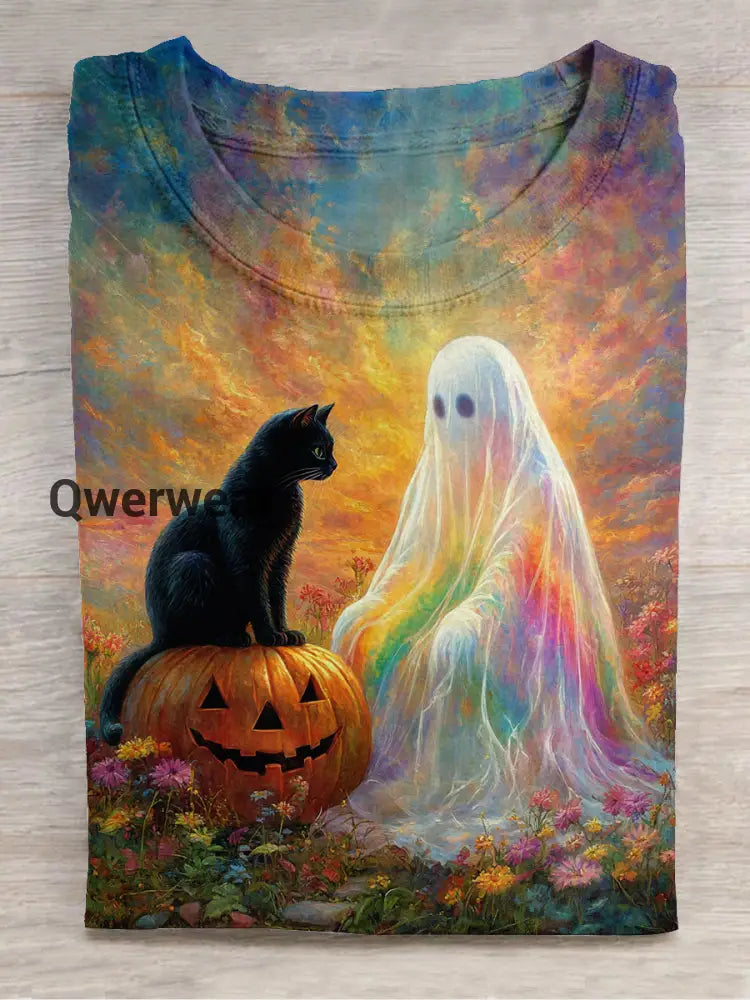 Rainbow Ghost and Black Cat Halloween Art Print Unisex Round Neck Short Sleeve Casual T-Shirt Colorful / S