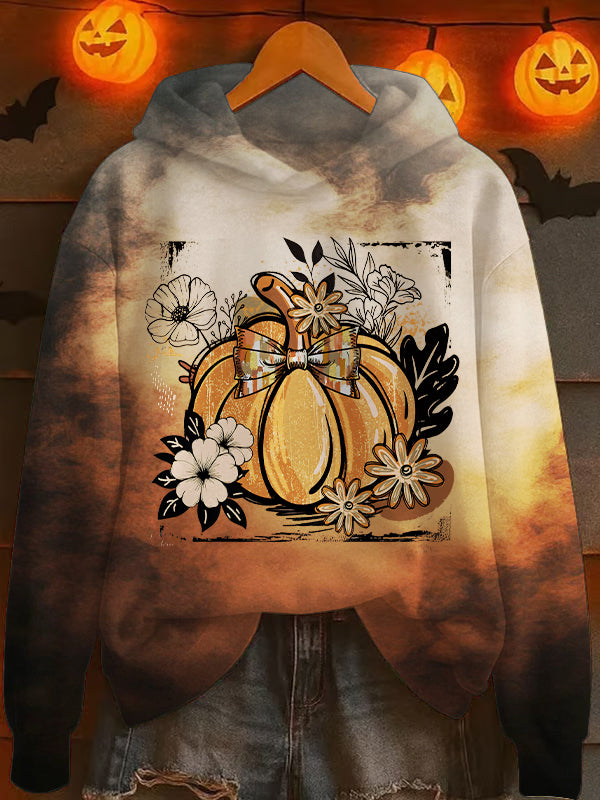 Retro Halloween Pumpkin Long Sleeve Printed Hoodie