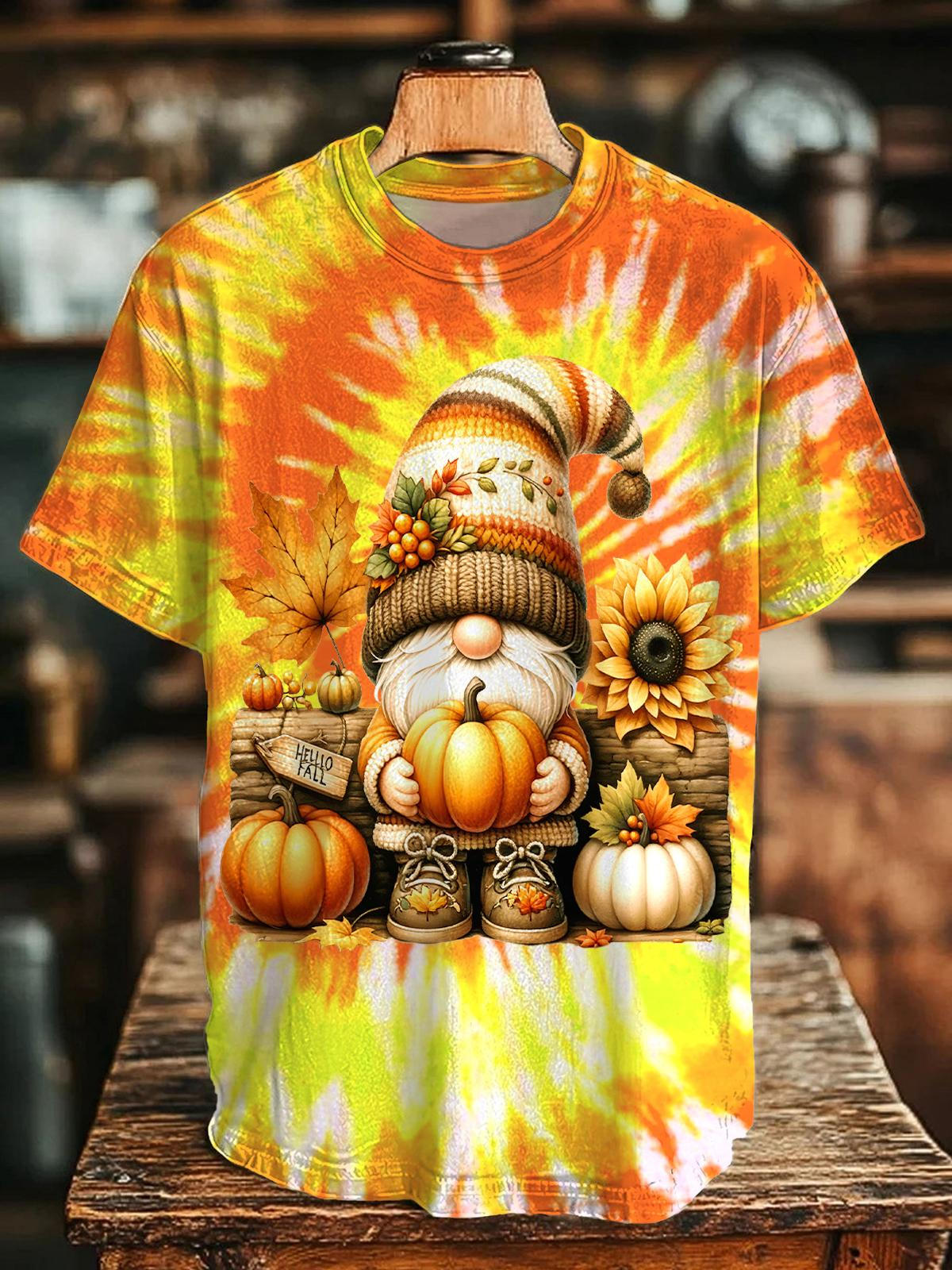Autumn Pumpkin Gnome Print Crew Neck T-shirt