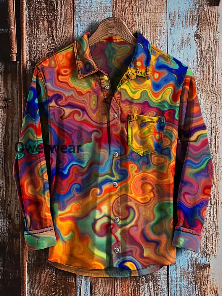 Retro Abstract Gradient Art Print Casual Long Sleeve Shirt A / S Mens shirts