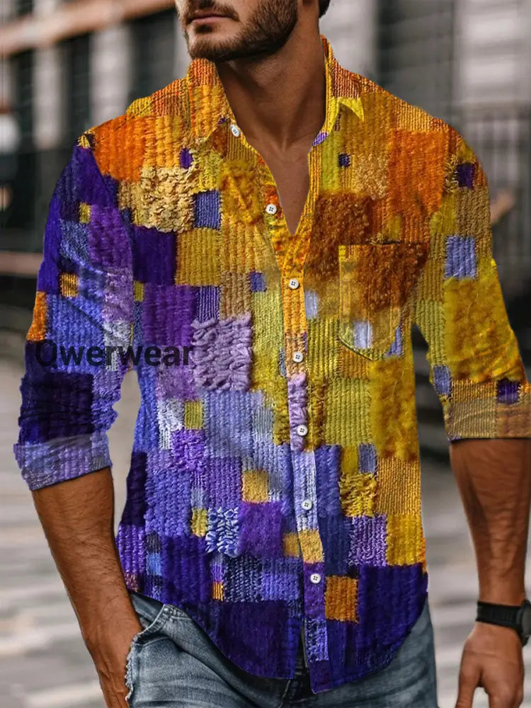 Retro Abstract Gradient Art Print Casual Long Sleeve Shirt A / S Mens shirts