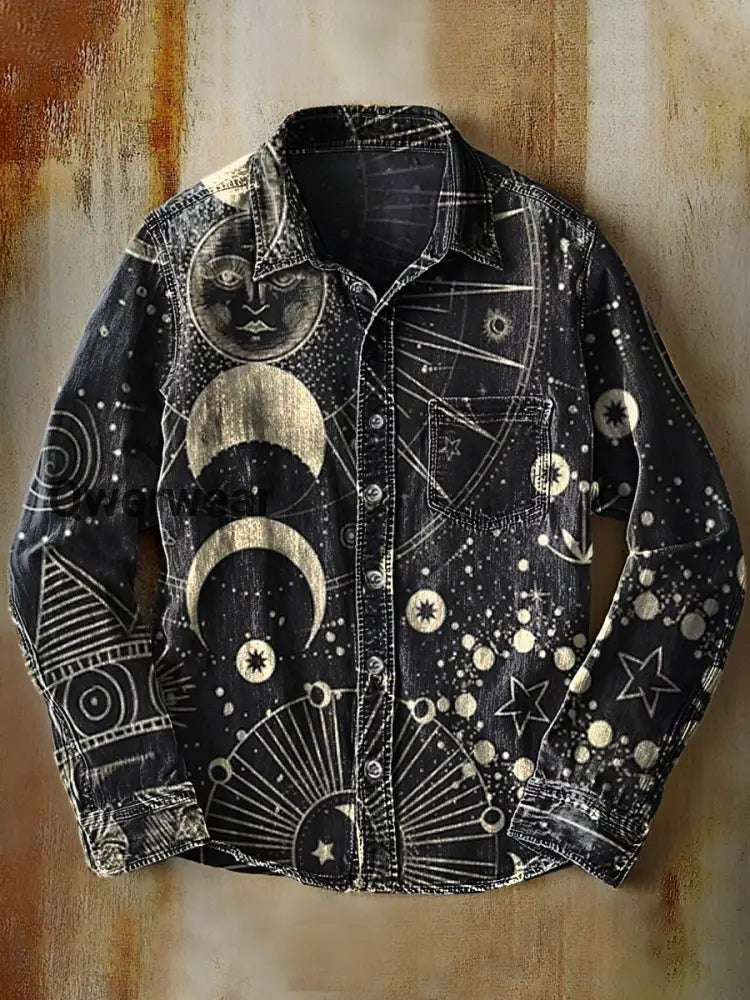 Retro Abstract Gradient Astrology Art Print Casual Long Sleeve Shirt A / S