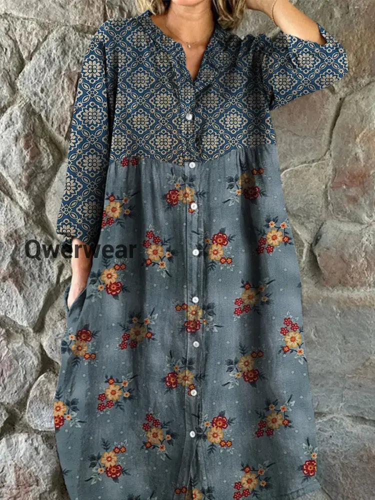 Retro Boho Floral Art Print Vintage Chic V-Neck Button Up Long Sleeve Midi Dress A / S