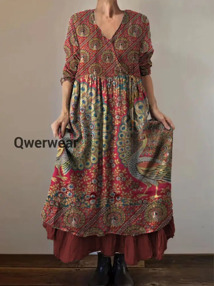 Retro Boho Floral Botany Print Vintage V-Neck Double Hemline Cotton Long Sleeve Midi Dress A / S