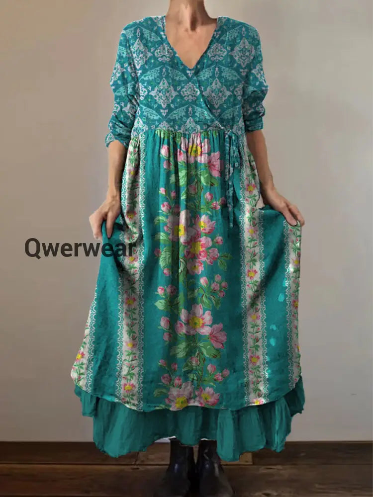 Retro Boho Floral Botany Print Vintage V-Neck Double Hemline Cotton Long Sleeve Midi Dress A / S