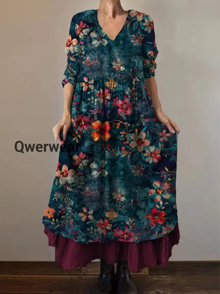 Retro Boho Floral Botany Print Vintage V-Neck Double Hemline Cotton Long Sleeve Midi Dress A / S