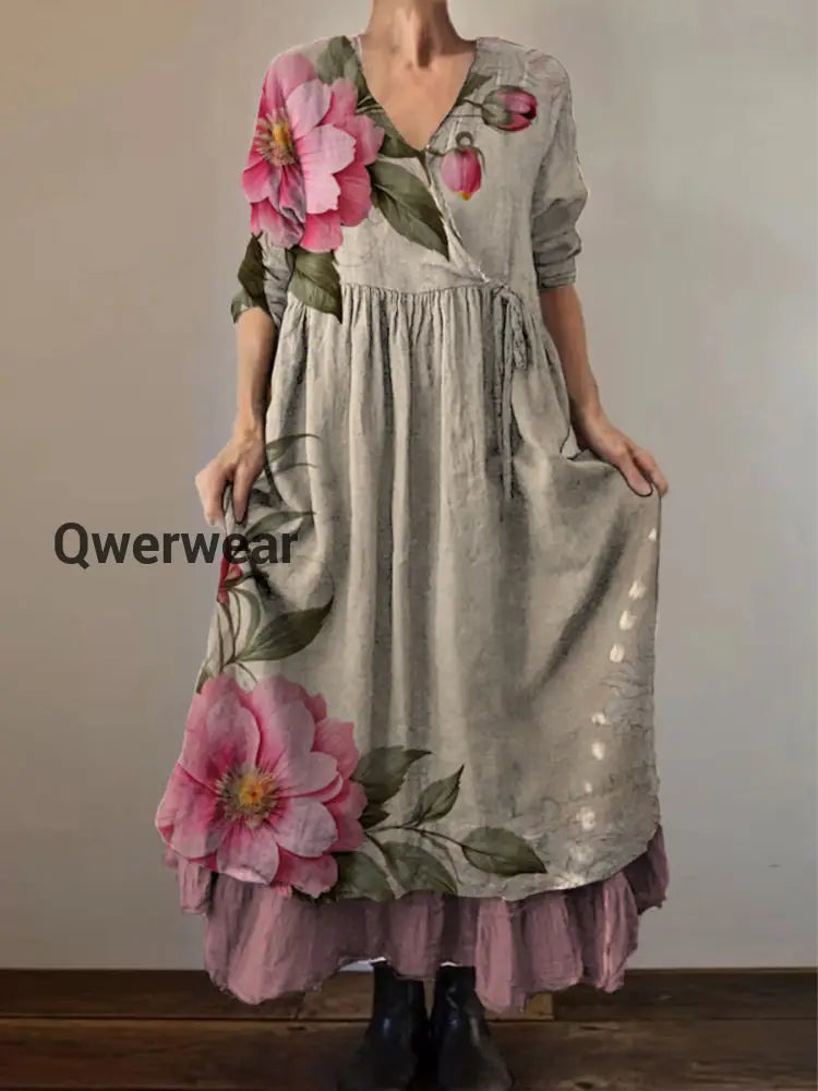 Retro Boho Floral Botany Print Vintage V-Neck Double Hemline Cotton Long Sleeve Midi Dress A / S