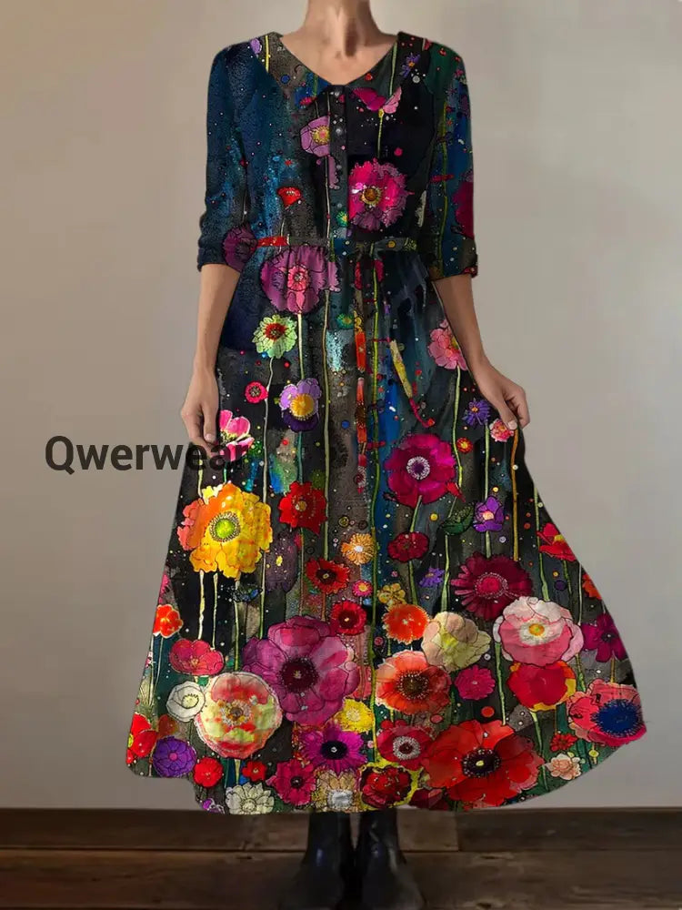 Retro Boho Floral Botany Print Vintage V-Neck Double Hemline Cotton Long Sleeve Midi Dress B / S