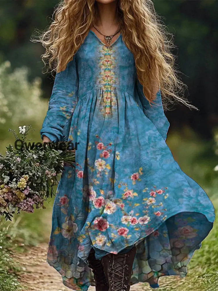 Retro Boho Floral Print Vintage Chic V-Neck Cotton Long Sleeve Midi Dress A / S