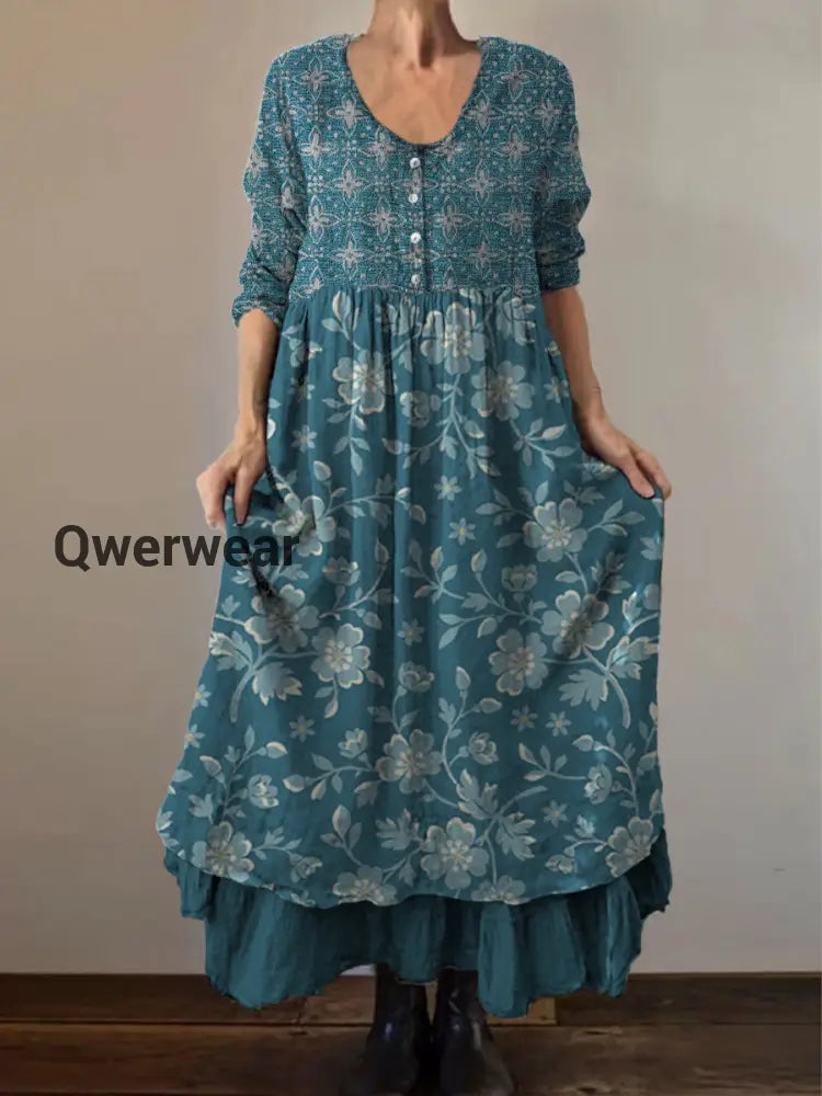 Retro Boho Floral Print Vintage Round Neck Double Hemline Cotton Long Sleeve Midi Dress A / S
