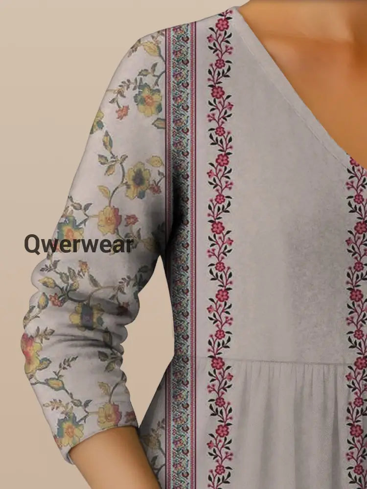 Retro Boho Floral Print Vintage V-Neck Double Hemline Cotton Long Sleeve Midi Dress