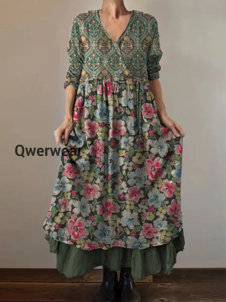 Retro Boho Floral Print Vintage V-Neck Double Hemline Cotton Long Sleeve Midi Dress A / S