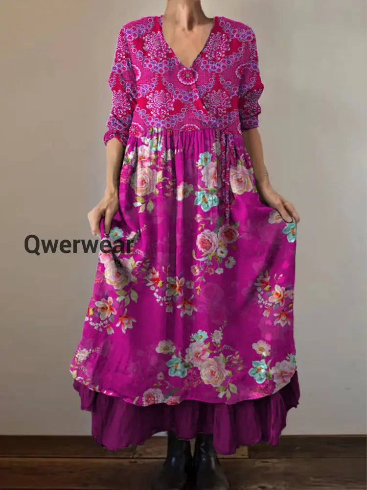 Retro Boho Floral Print Vintage V-Neck Double Hemline Cotton Long Sleeve Midi Dress A / S