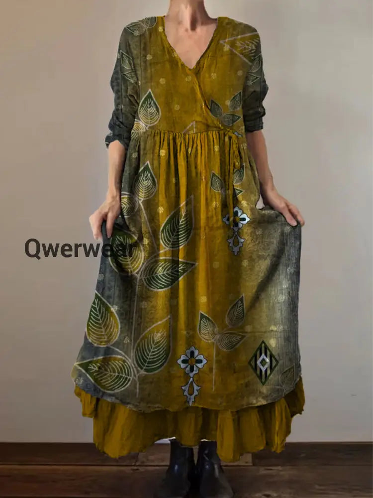 Retro Boho Floral Print Vintage V-Neck Double Hemline Cotton Long Sleeve Midi Dress A / S