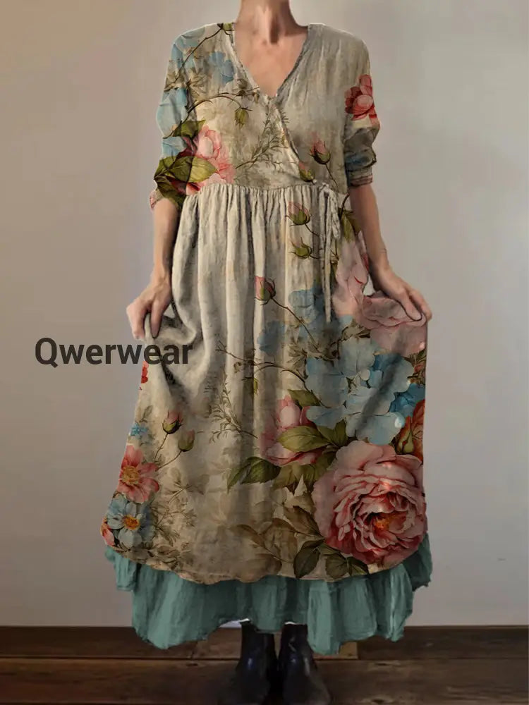 Retro Boho Floral Print Vintage V-Neck Double Hemline Cotton Long Sleeve Midi Dress A / S