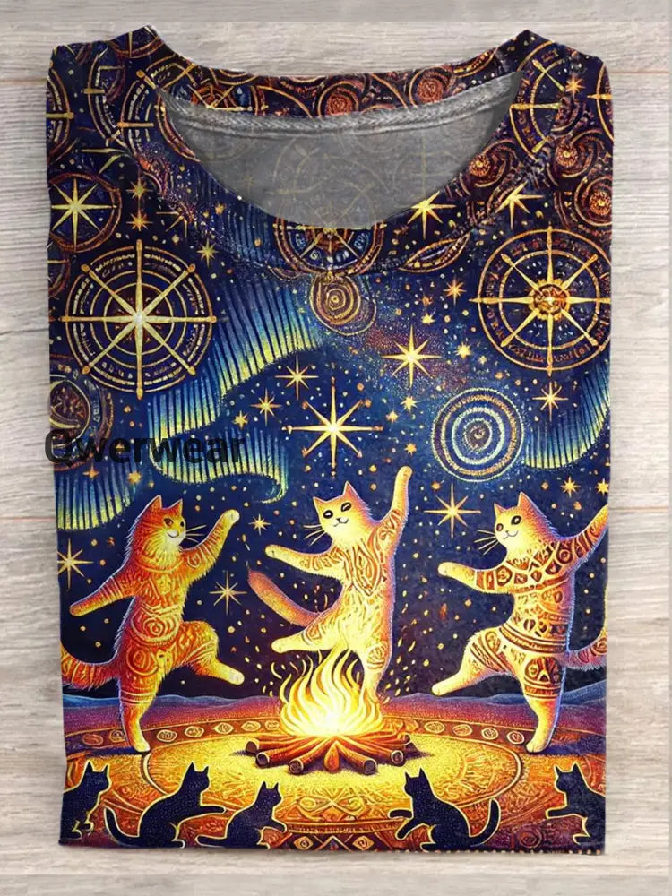 Retro Cat Art Print Casual T-Shirt A / S