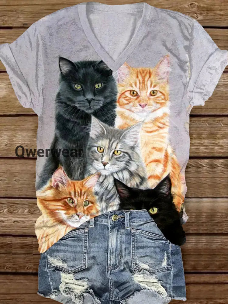 Retro Cat Art Print Casual V-Neck Short-Sleeved T-Shirt A / S