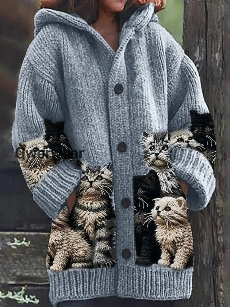 Retro Cute Pet Print Button Up Thick Long-Sleeved Hooded Cardigan Sweater Blue / S