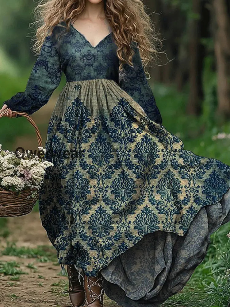 Retro Floral Art Print V-Neck Elegant Chic Loose Long Sleeve Midi Dress A / S