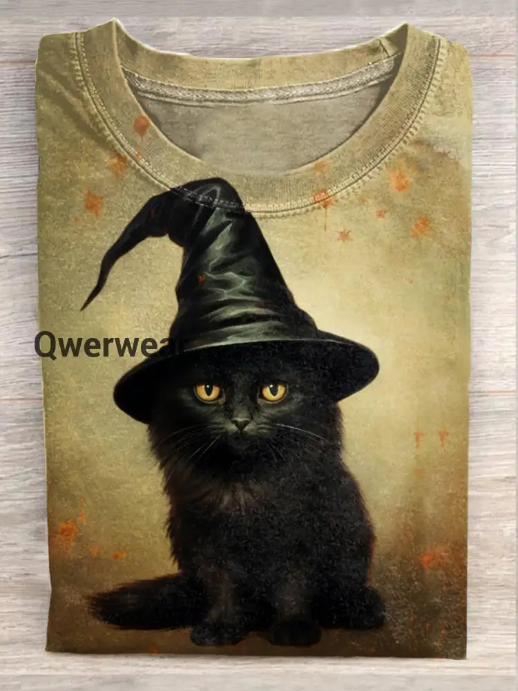 Retro Magic Kitten Art Print Casual Round Neck T-Shirt A / S
